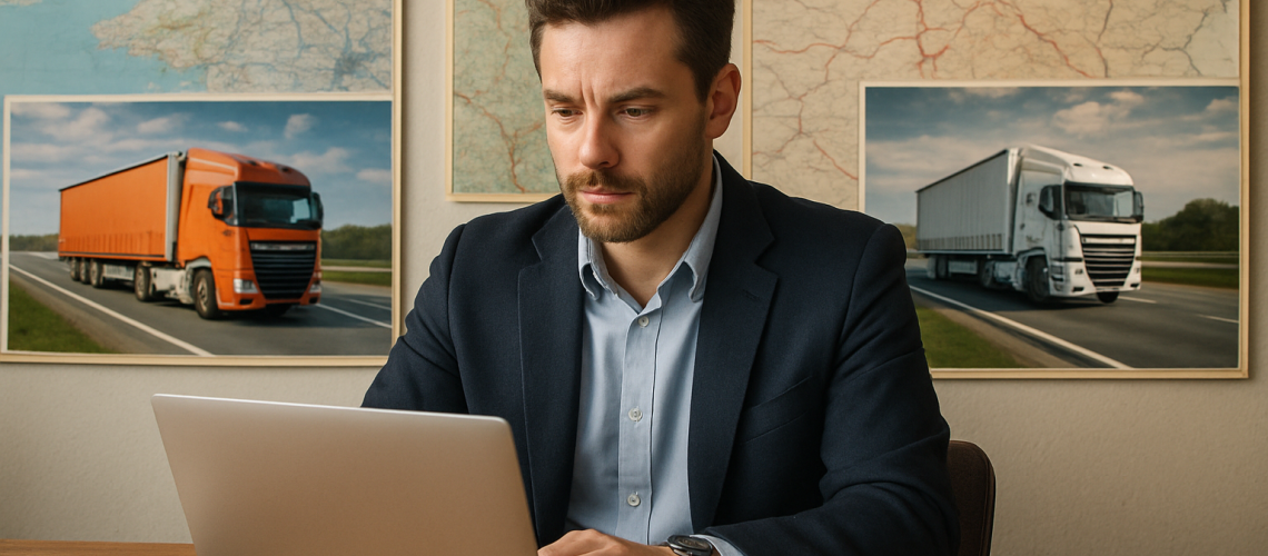 SEO blog writer creating content for Webster Hauling with a laptop, trucks, and maps.