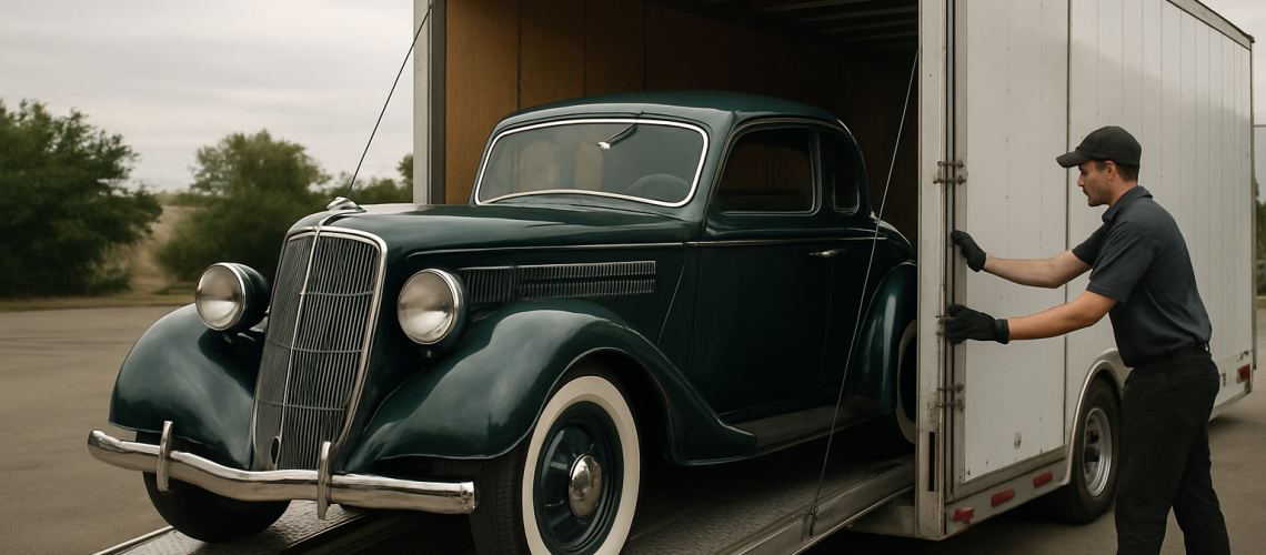 A classic car being loaded into an enclosed transport trailer for safe shipping.