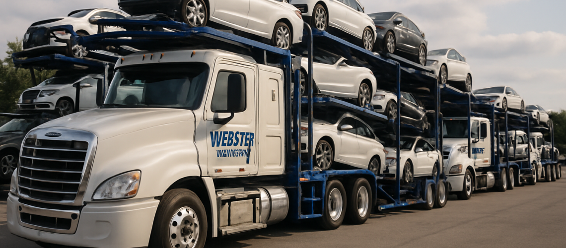 Webster Hauling services fleet with transport trucks