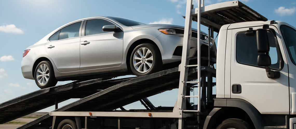 Image of a car being loaded onto a truck illustrating what does car transport cost.
