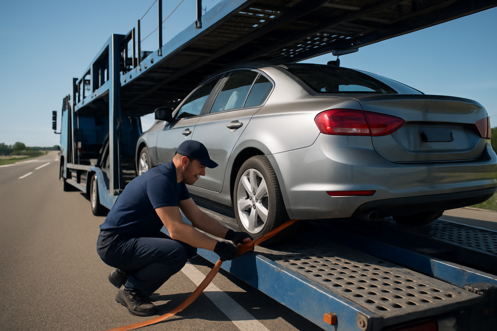 A car being loaded onto a transport carrier, illustrating how car transport works.
