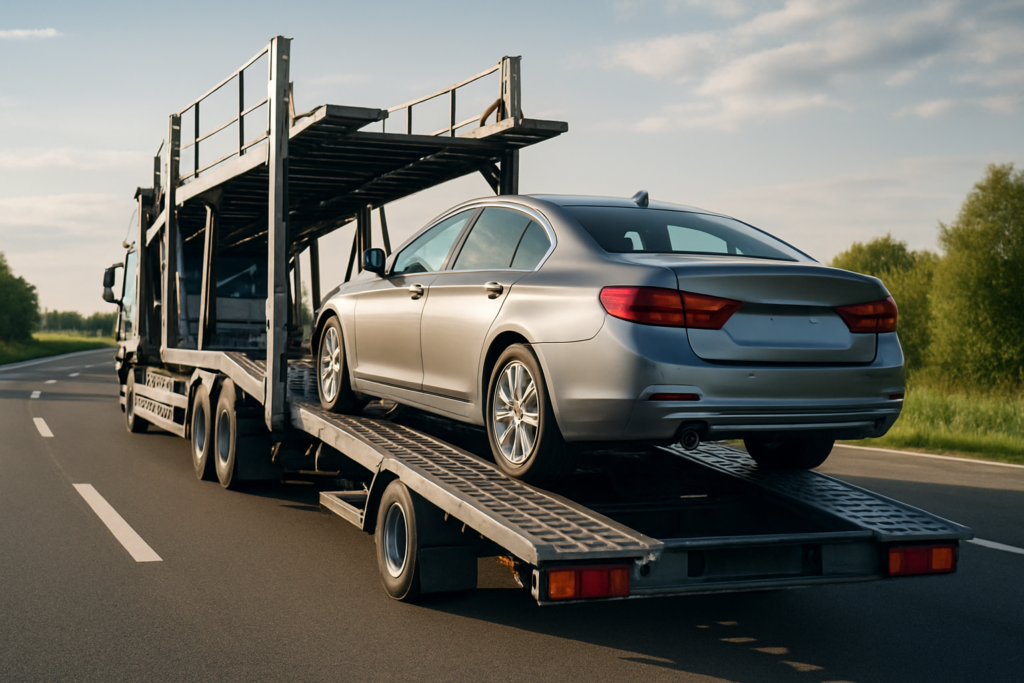 An image showing a car being loaded onto a transport truck, representing nationwide car transport.