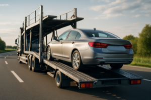 An image showing a car being loaded onto a transport truck, representing nationwide car transport.