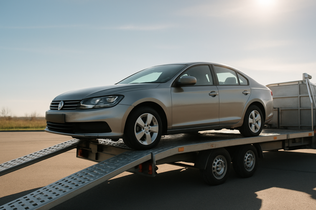 Long distance car transport with vehicles secured on an open carrier