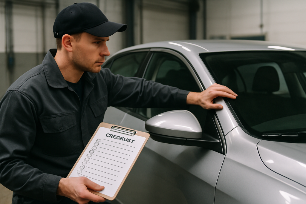 A person inspecting a car for shipping preparation