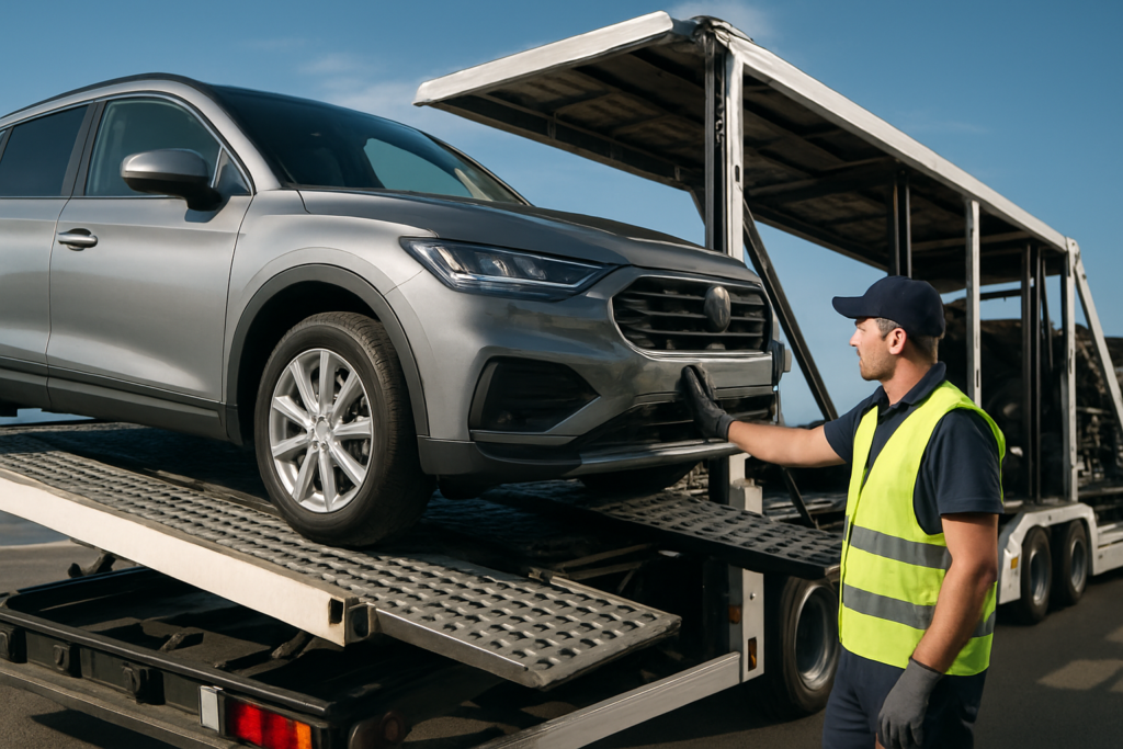 Reliable auto transport services depicted with a car being loaded onto a trailer