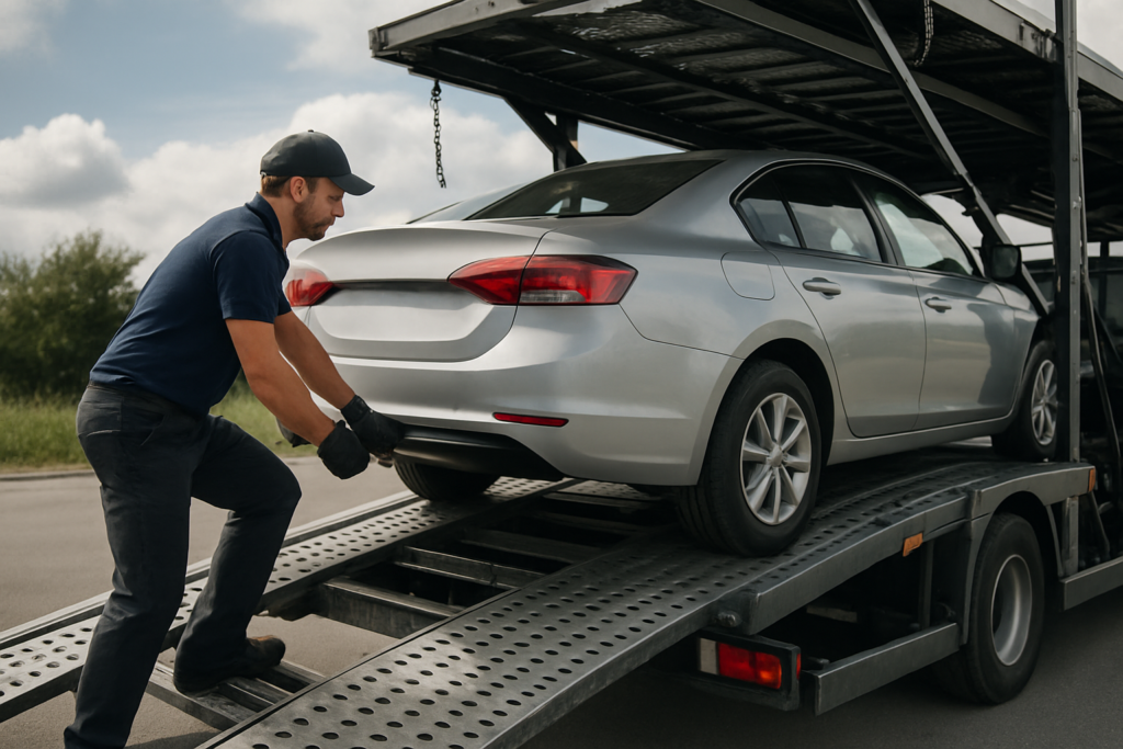 Reliable auto transport with a car being loaded onto truck