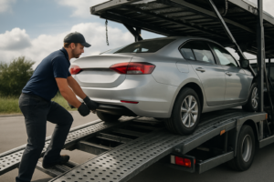 Reliable auto transport with a car being loaded onto truck