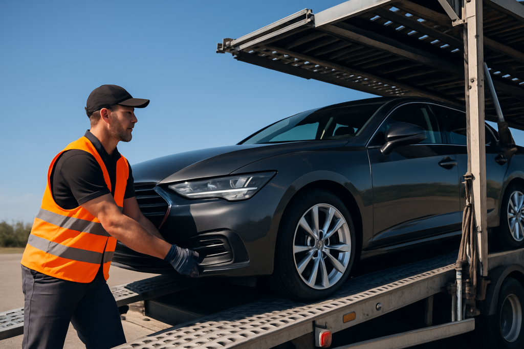 A car being loaded onto a carrier by a reliable car shipping service