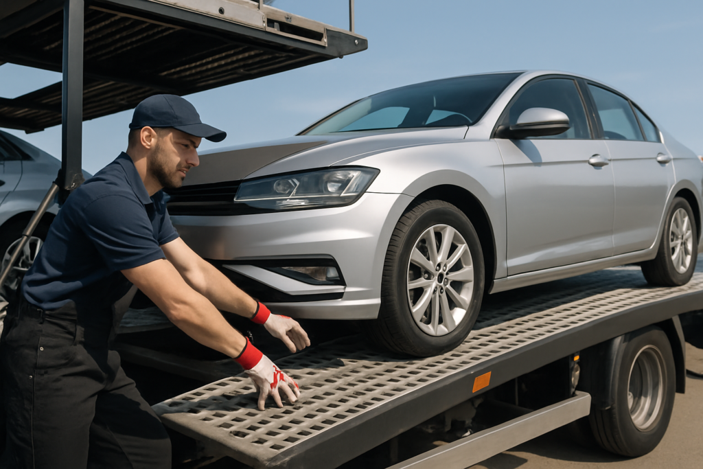 Car being loaded onto transport trailer safely