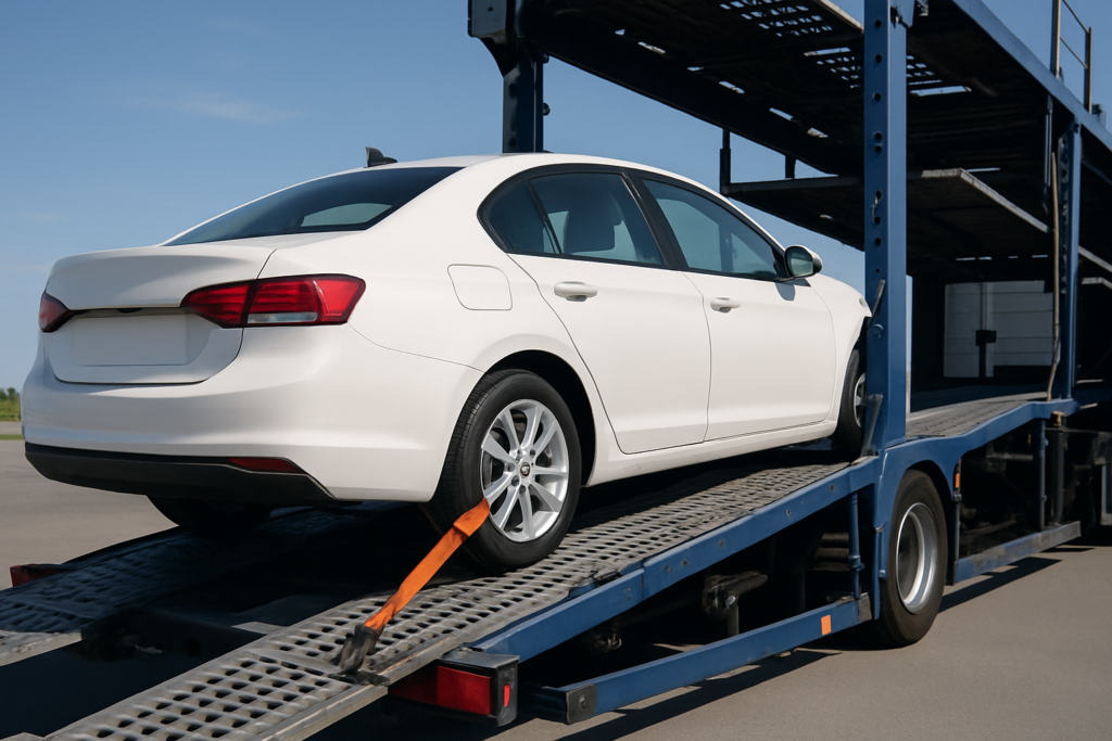A professional car transport truck loading a vehicle safely