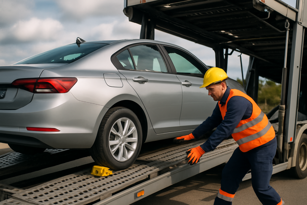 A car being safely loaded onto a transport truck