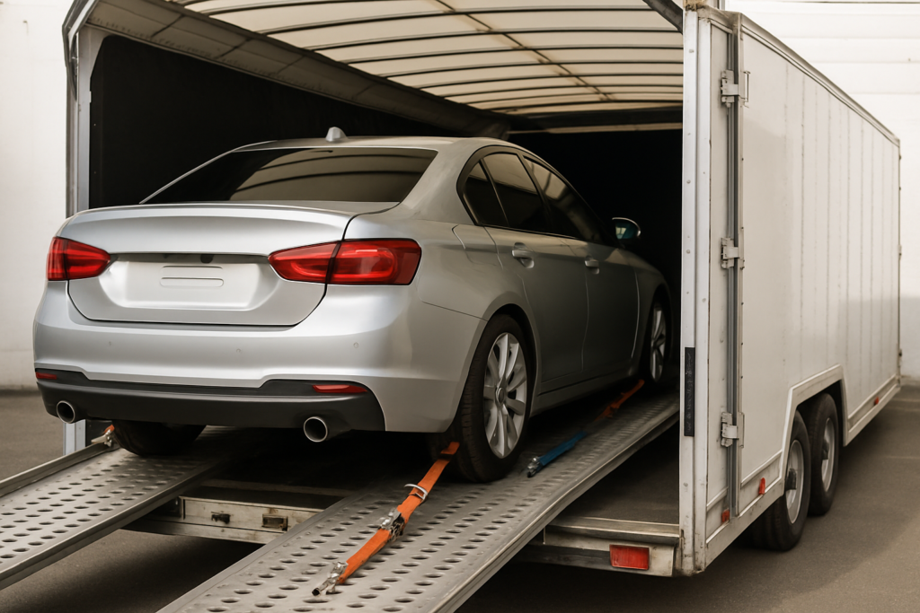 Safe car transport with a vehicle loaded onto an enclosed carrier, ensuring protection.