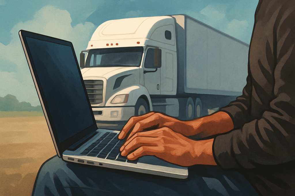 SEO blog writer for Webster Hauling typing on a laptop with a truck in the background