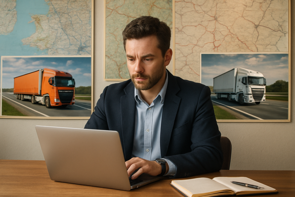 SEO blog writer creating content for Webster Hauling with a laptop, trucks, and maps.