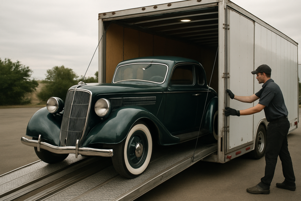 A classic car being loaded into an enclosed transport trailer for safe shipping.