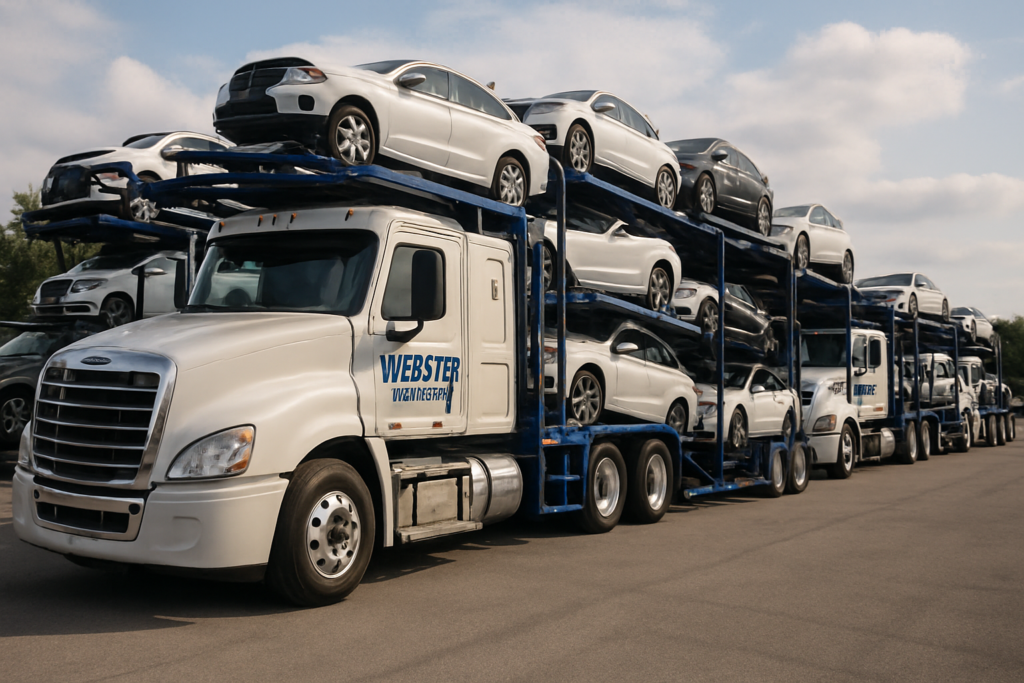 Webster Hauling services fleet with transport trucks