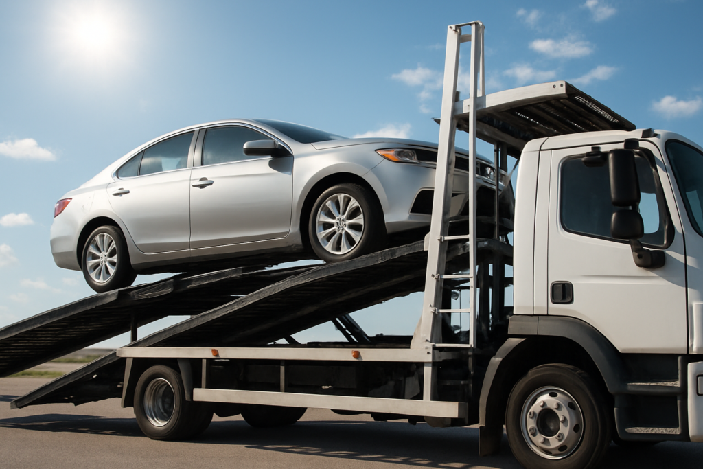 Image of a car being loaded onto a truck illustrating what does car transport cost.